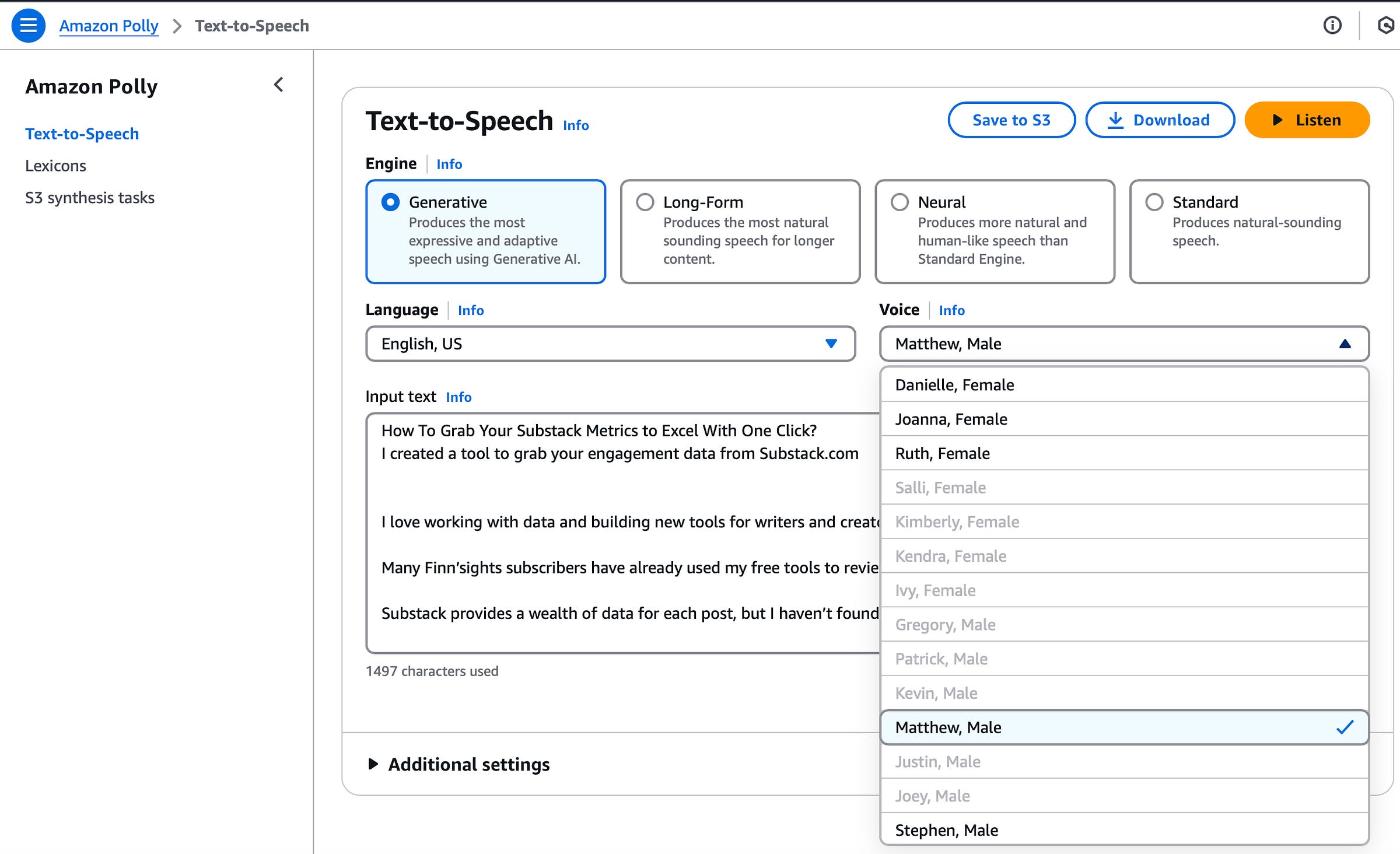 Amazon Polly Text-to-Speech Interface