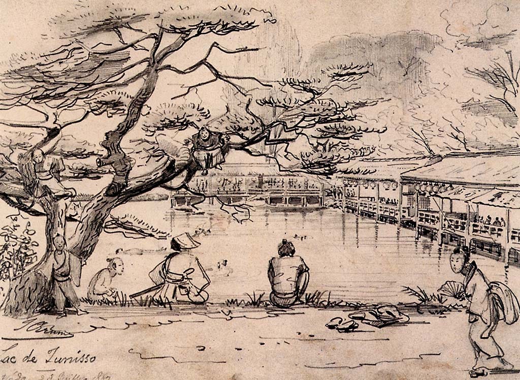 Sketch by Jules Brunet of people relaxing at Jūnisō Pond in 1869