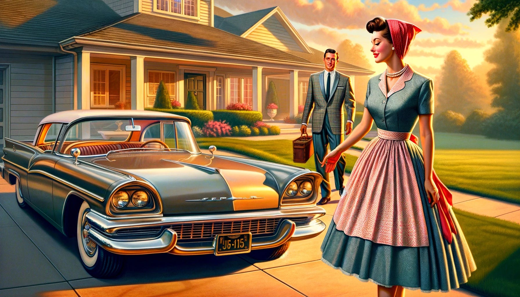 A vivid depiction of the 1950s, showcasing another angle of a Stepford housewife, elegantly attired in a period dress, complete with a stylish apron and gracefully styled hair, bidding farewell to her husband. This time, the husband is seen from a closer perspective, highlighting his dapper Mad Men-inspired suit as he prepares to enter a gleaming, vintage automobile, embodying the automotive design of the era. The setting is an immaculate suburban setting, with a well-kept house and a lush lawn in the background, reflecting the idealized American suburban life of the time. The scene is bathed in the warm, golden light of dawn, casting a picturesque and serene atmosphere, embodying the optimistic spirit of the post-war era.
