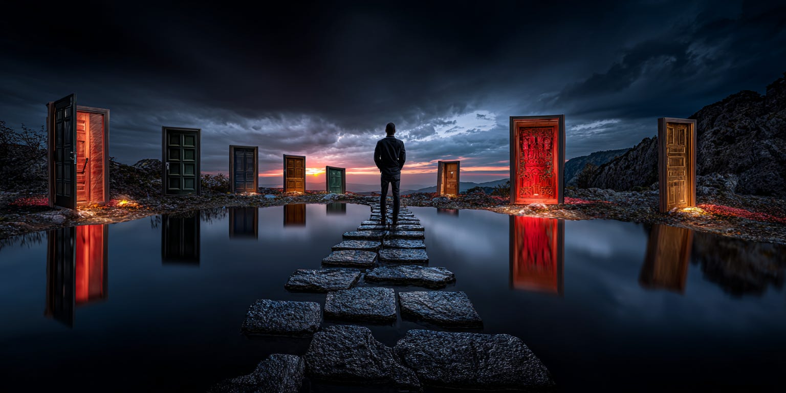 A person standing at the edge of a cliff, but instead of looking down into an abyss, they're looking up at a vast sky filled with floating doors of different sizes and colors, each door slightly ajar with warm light spilling out, while dark storm clouds gather behind the person but bright sunlight breaks through ahead, casting long shadows that transform into stepping stones leading toward the floating doors.