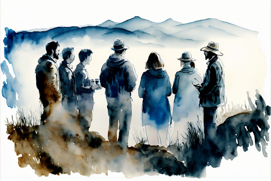 A watercolor sketch featuring several people overlooking the Blue Ridge Mountains.