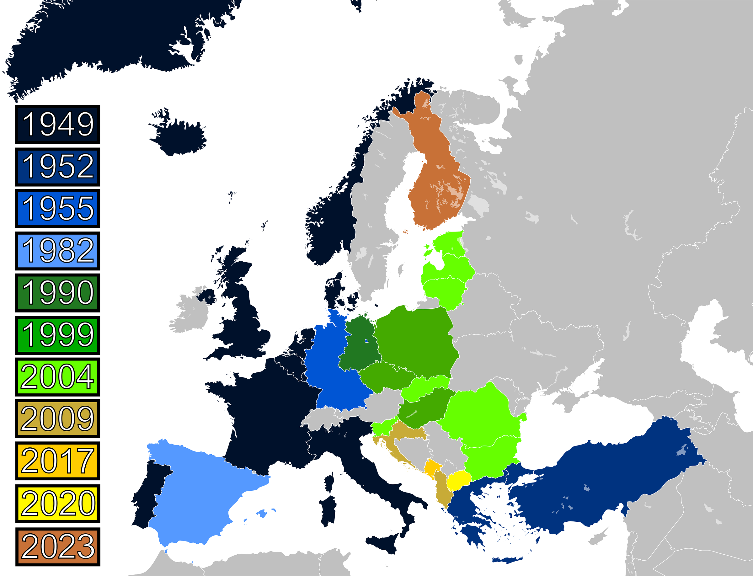 A map of Europe with nine colors that refer to the year different countries joined the alliance.