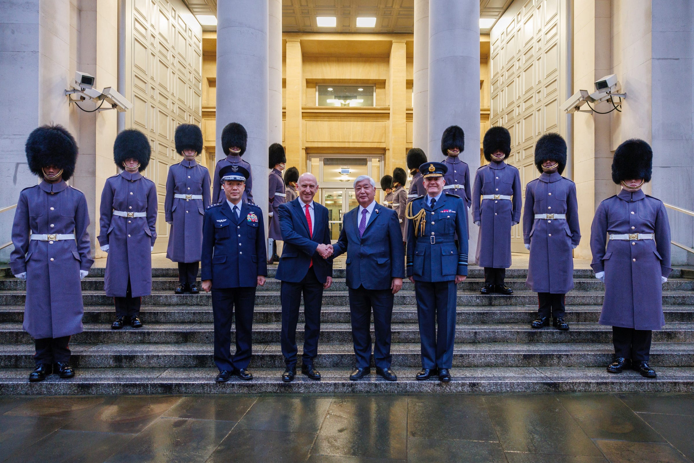 Rt Hon John Healey, Secretary of State for Defence (centre left) and His Excellency Gen Nakatani, the Minister of Defence for Japan (centre right) and Chief of the Air Staff (right) at the Ministry of Defence. 
