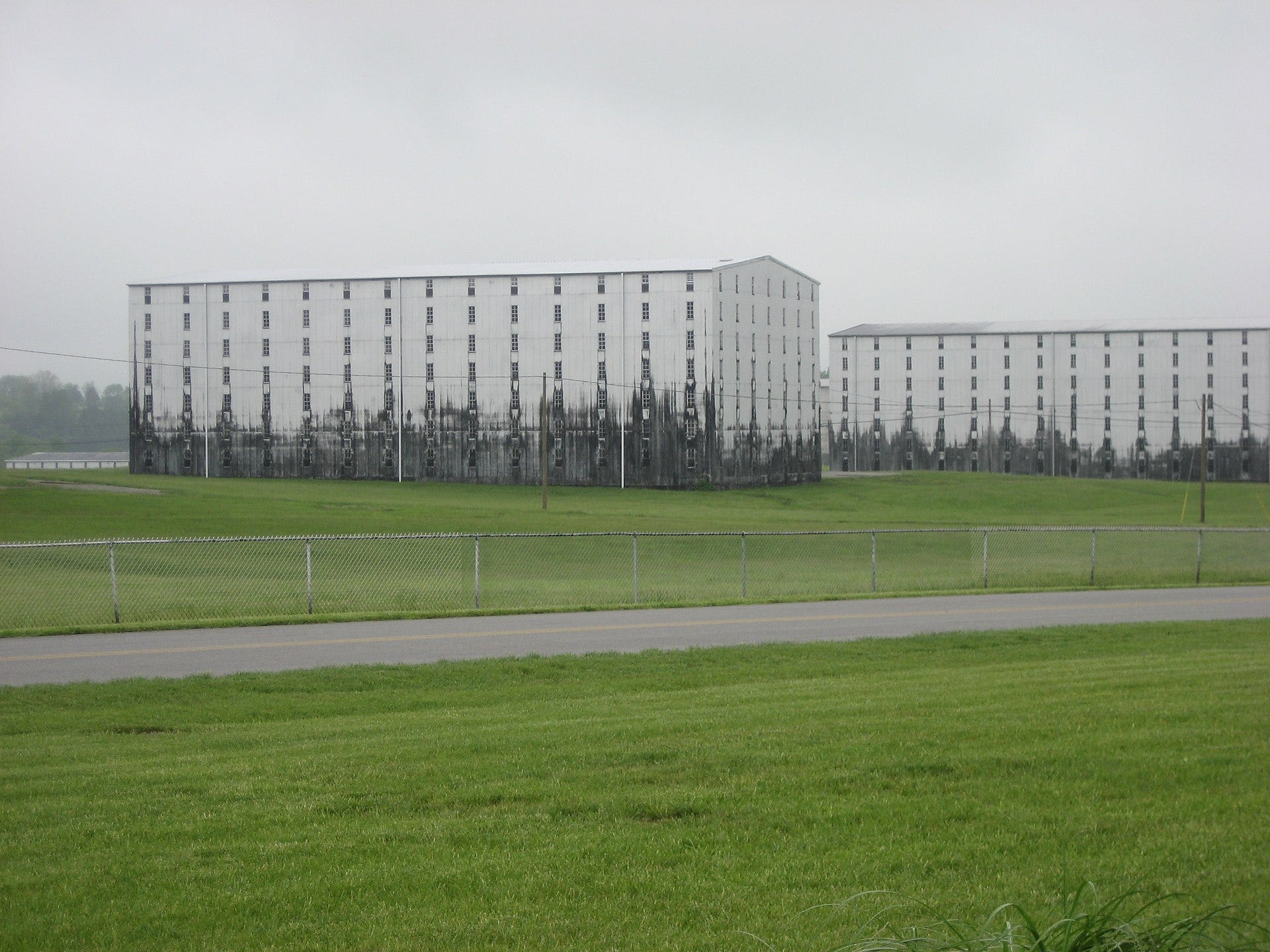 Heaven Hill distillery in Bardstown, Kentucky, US, where fungus is visible on the white warehouses