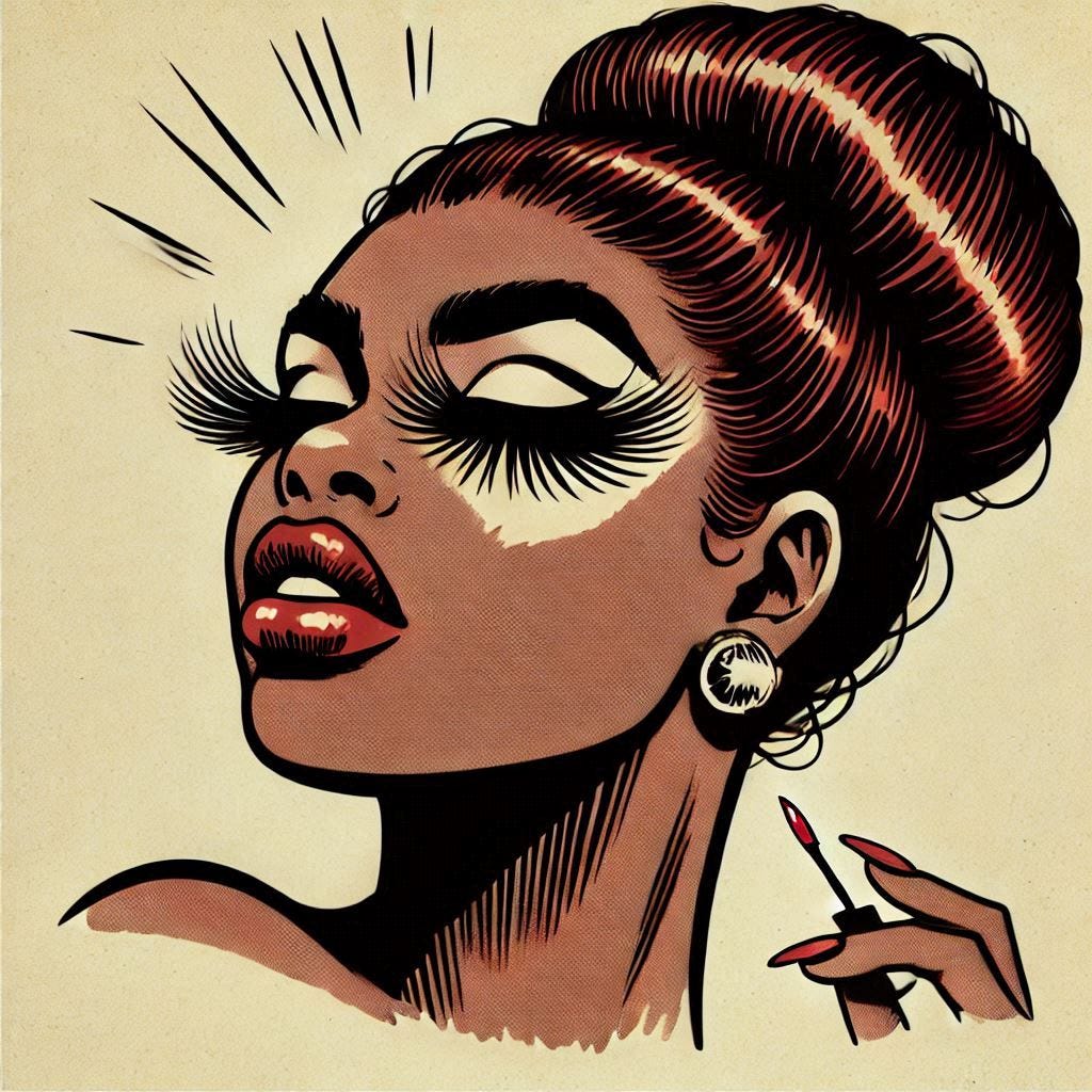 vintage andWicked Illustration afrocentric goddess high red bun luscious lips thick eyebrows and eyelashes