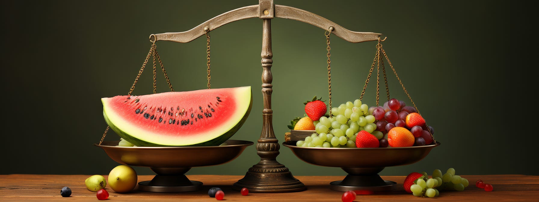 A scale with a big watermelon on one side and various small fruit on the other side standing in balance
