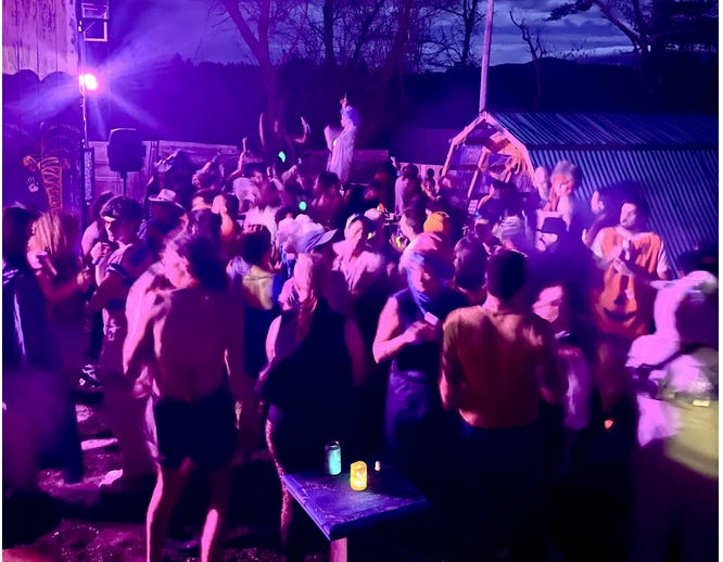 A blurry crowd of queers dancing in a backyard under purplish lights.