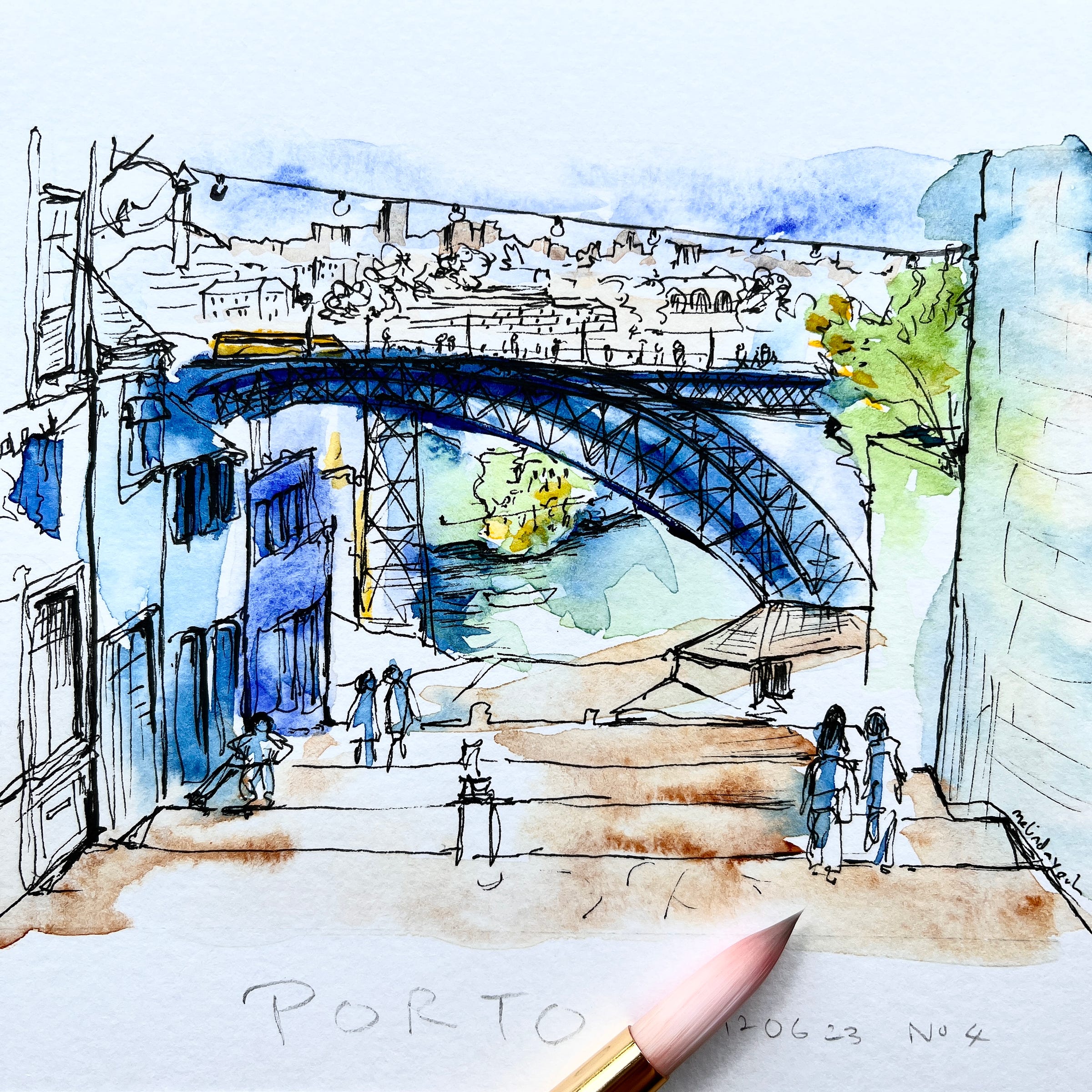 Image: artwork of continuous, loose line drawing with watercolour paint, featuring street scene, urban landscape in Porto, with the Dom Luís I Bridge (Portuguese: Ponte de Dom Luís I), or Luís I Bridge in the foreground, people climbing up the steep street staircase of Porto, and old Porto houses on both sides of the staircase.