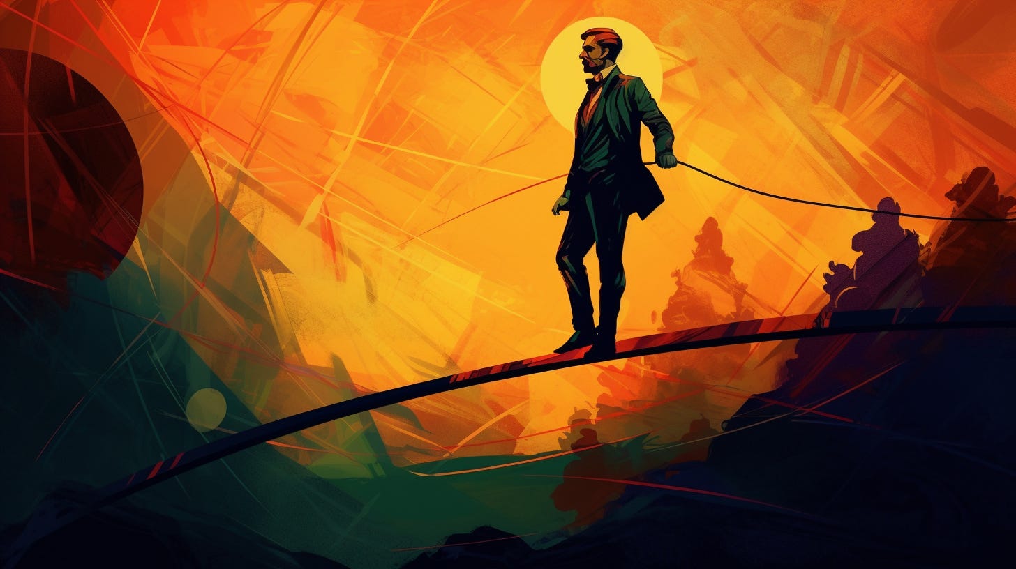 AI-generated illustration of a man carefully, but masterfully, walking on a tightrope with an abstract background by John Wayne Hill