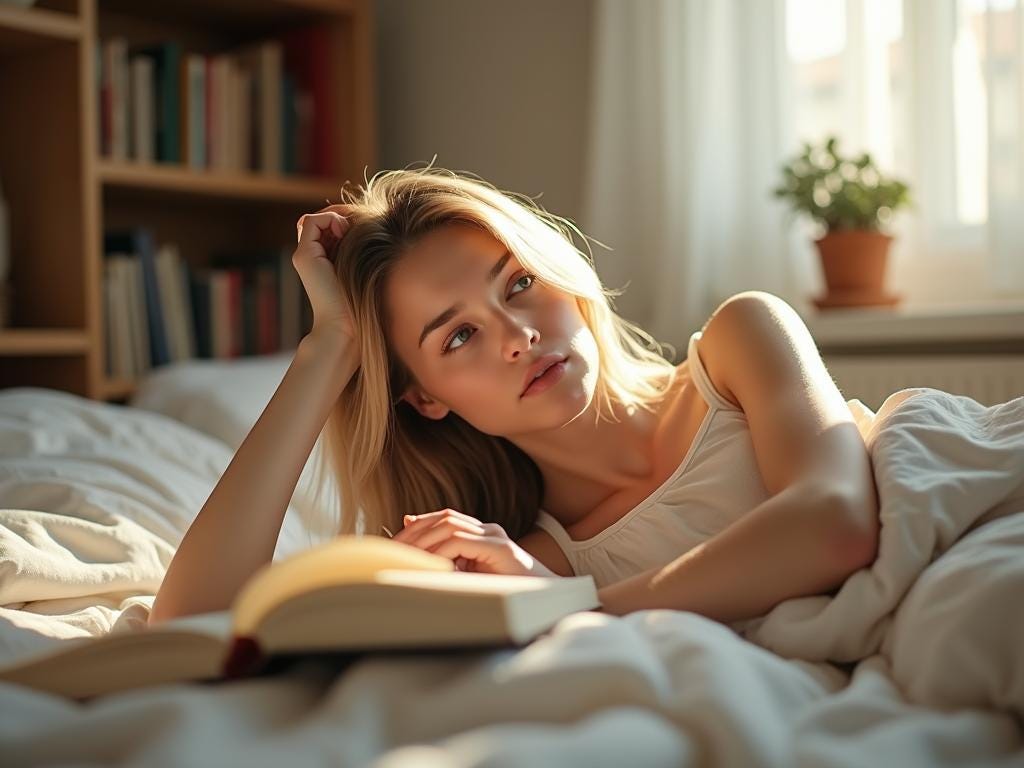 Young blonde woman reading in bed, an expression of concern on her face.