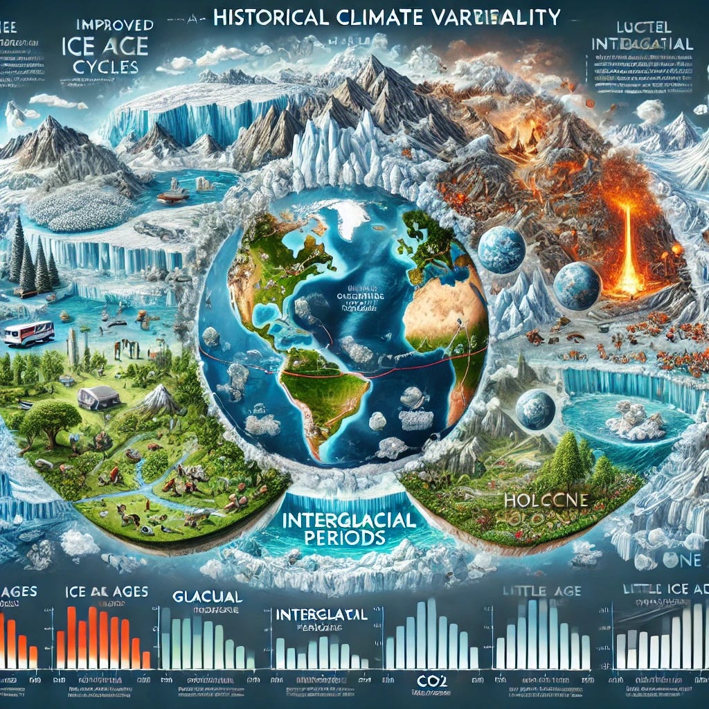 An improved and highly detailed infographic showcasing Earth's historical climate variability. Centralized is a timeline highlighting key periods such as the Ice Age cycles, glacial and interglacial periods, the Little Ice Age, and the Holocene. Surrounding the timeline are visually distinct elements: massive ice sheets covering continents during glacial periods, retreating ice revealing flourishing ecosystems during interglacials, volcanic eruptions during the Little Ice Age, and warming trends with rising CO₂ levels during the Holocene. Use clear, professional labels, and include color-coded temperature and CO₂ graphs alongside visual elements. The palette features cool blues and whites for ice ages, lush greens for warm periods, and fiery reds for volcanic events. Perfect for an educational or academic presentation.