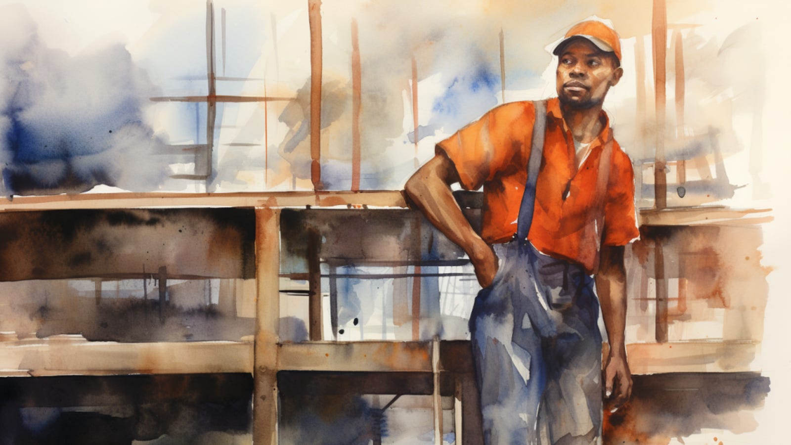 Watercolor sketch of a worker standing in a furniture factory.