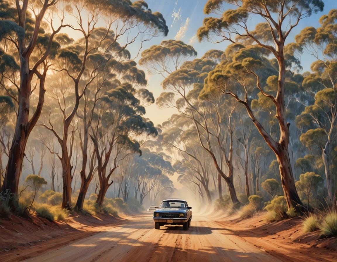 A car driving along a dusty Australian bush track. Ilustrating the Arrival chapter of "Coding by Candlelight"