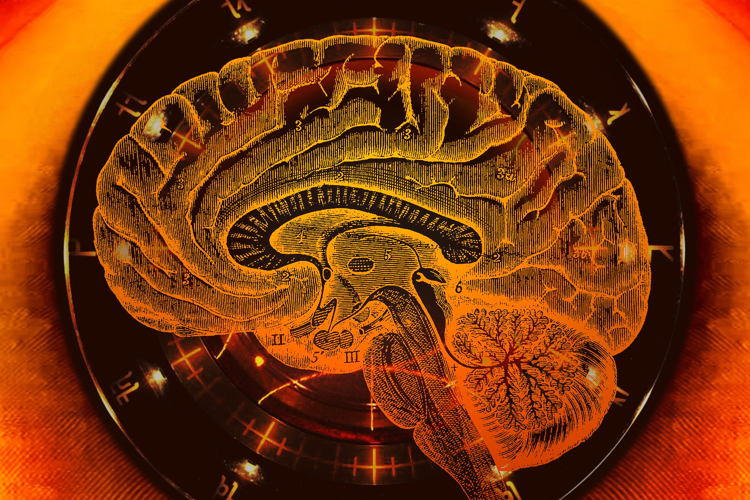 Vintage illustration of a human brain superimposed over an analog dial from Denis Villeneuve's movie, Dune