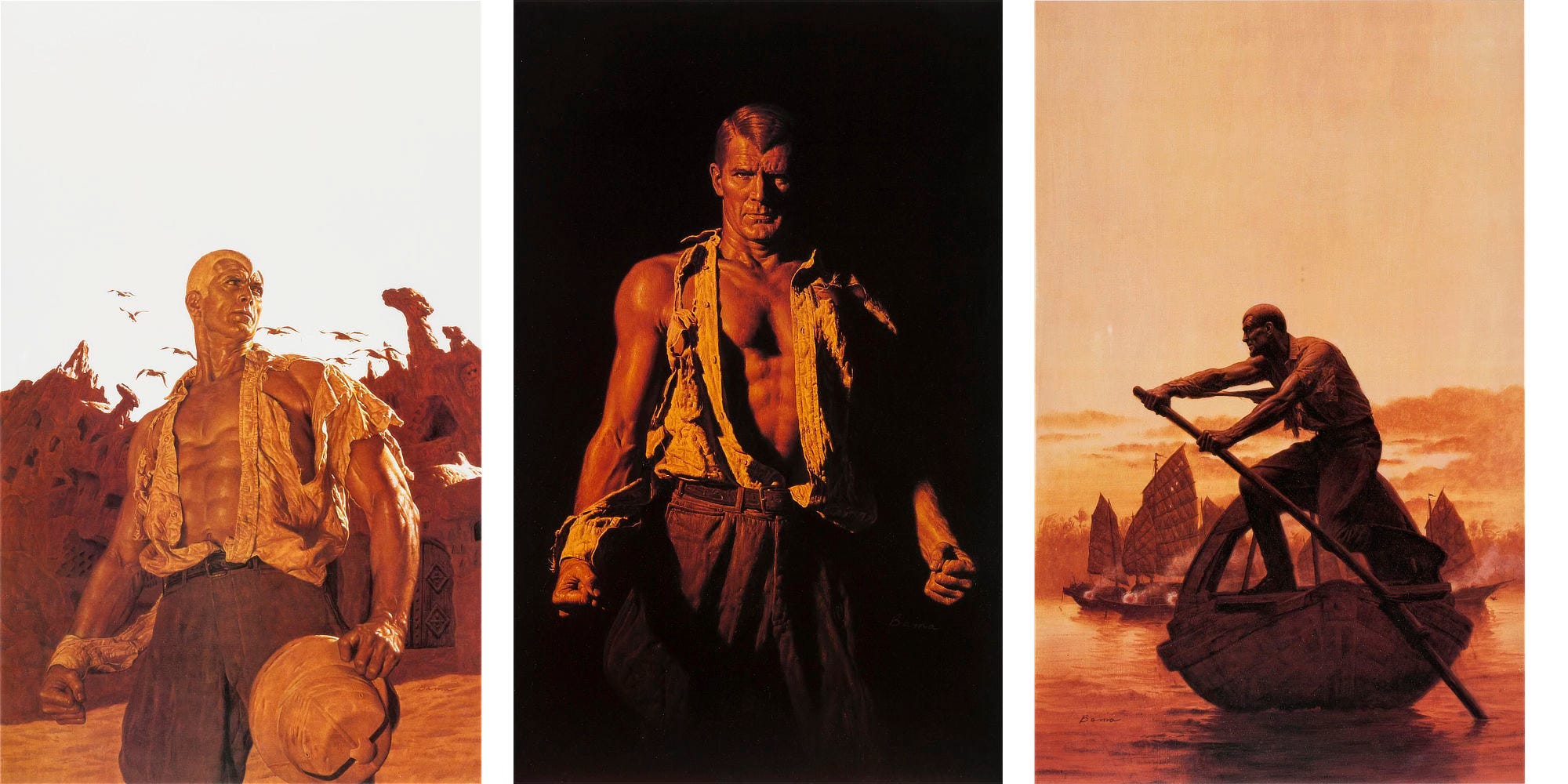 LEFT: PHANTOM CITY, A cowboy shot of Doc Savage wearing a torn shirt and thick trousers belted at the waist. He holds a safari hat as sweat glistens on his skin and his muscles flex. He's captured at a low angle glancing up off panel right. Behind him birds fly low over the baked ruins of an ancient city. His white hair forms a signature widows peak.  CENTER: MAN OF BRONZE, A cowboy shot of Doc Savage muscles flexing in a torn button down shirt. His thick trousers are belted at the waist and fall in shadows below. His hair is dark red hair forming a widows peak. His face show lines of age that contrast the vitality of his muscular form.  RIGHT: PIRATE OF THE PACIFIC, Doc Savage in a torn shirt strains with the oar at the aft of a gondola. He is heavily shadowed in profile with the monochrome painting capturing the golden rays of sunset. Beyond his boat, several sailed ships fire on him from broadsides with smoke trailing from cannons.