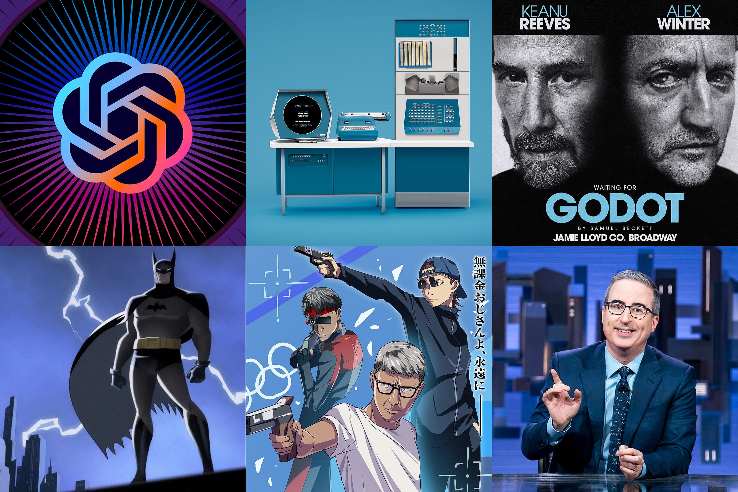 Grid of images featuring OpenAI logo, vintage computer, Keanu Reeves & Alex Winter, John Oliver, cartoon Batman, and anime-style drawings of Olympic pistol shooters