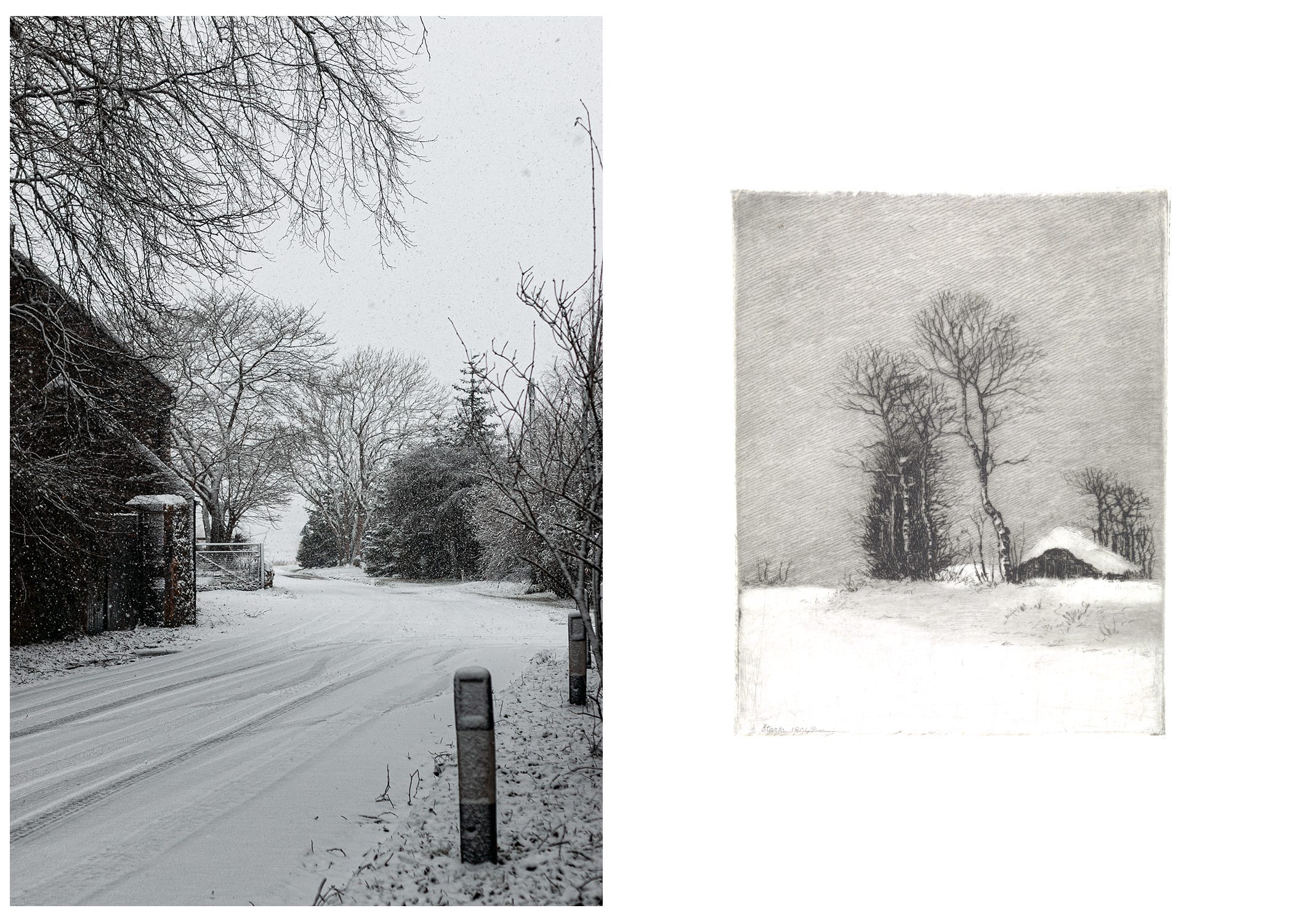 Left photograph is a country lane covered in snow and lined with trees, the snow is falling heavily and the side of a cottage can be seen around the corner. The right image is an etching of a snowy country scene, a cottage is in the background surrounded by trees and the foreground is filled with snow. 