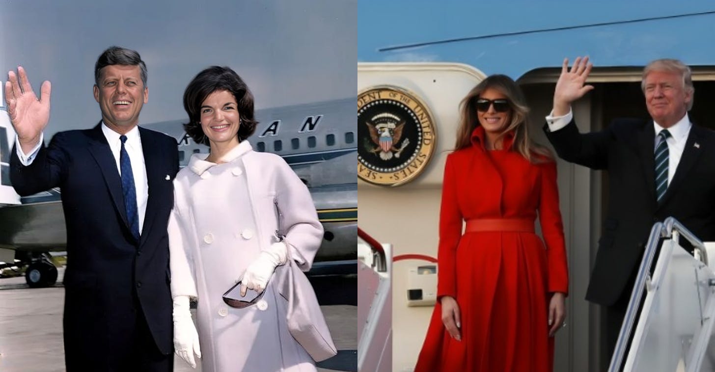 A side-by-side comparison of JFK and Jackie Kennedy alongside Trump and Melania Trump, symbolizing a modern Camelot with renewed American leadership.