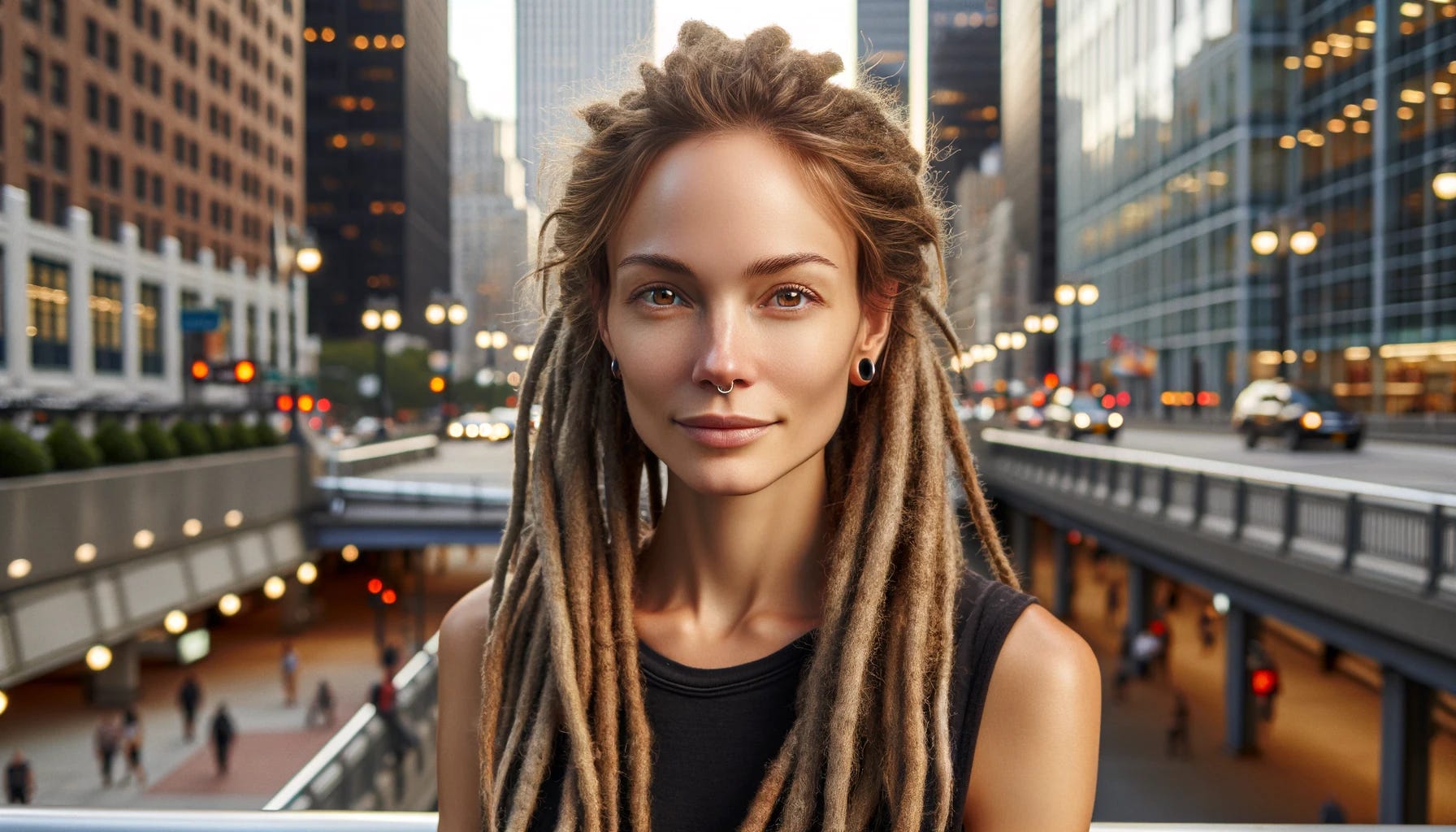 A portrait of a white woman with dreadlocks in an urban setting. She has a relaxed and confident expression. Her dreadlocks are stylishly draped over her shoulders. The background features a bustling city street with modern buildings, streetlights, and a hint of distant cityscape. The urban environment contrasts with her earthy appearance. The lighting is a mix of natural sunlight and the artificial glow from the city, creating an interesting interplay of shadows and highlights on her face.