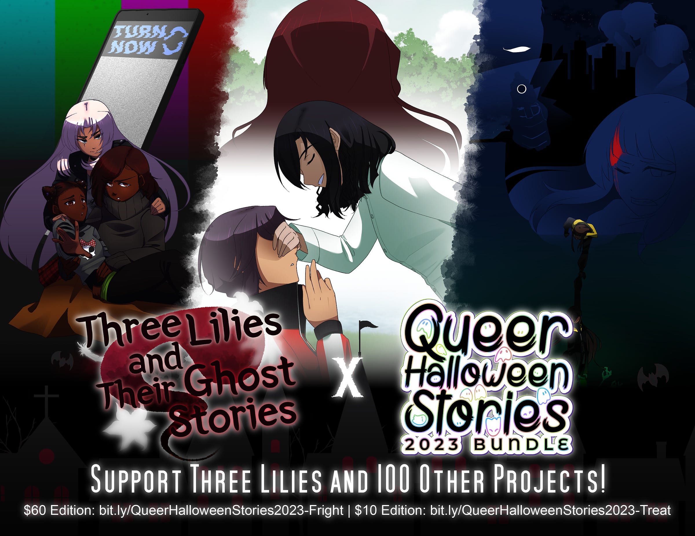 three lilies x queer halloween stories 2023 bundle promotional image. support three lilies and 100 other projects. $60 edition link: bit.ly/QueerHalloweenStories2023-Fright. $10 edition link: bit.ly/QueerHalloweenStories2023-Treat