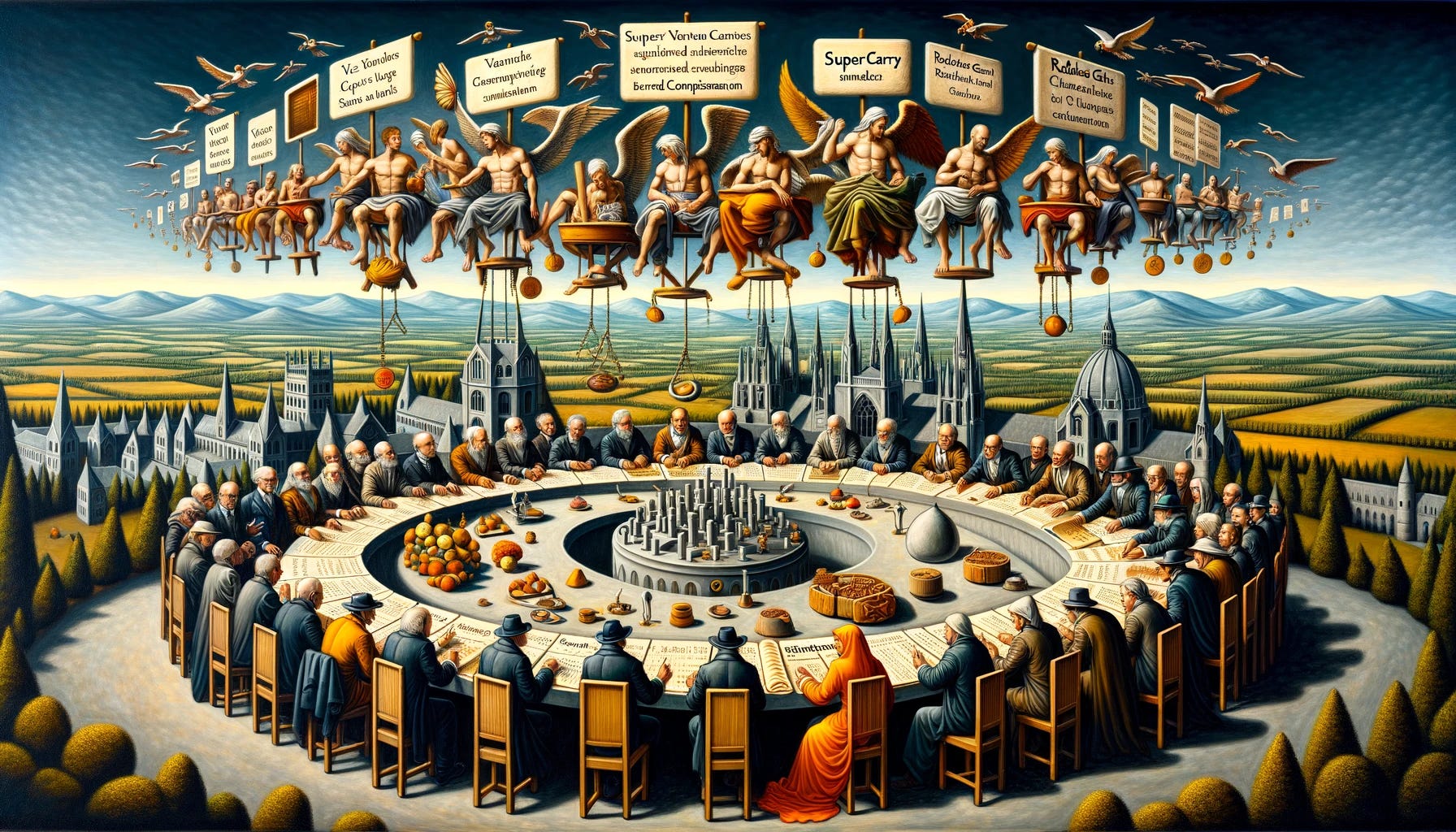 Oil painting inspired by Hieronymus Bosch's intricate and surreal style. A vast landscape depicts Europe with prominent LPs (Limited Partners) gathered around a large roundtable. They're deep in discussion, with scrolls, charts, and tokens symbolizing various investment terms. Off to one side, VCs attempt to float 'super carries' in the air, but they're weighted down by chains representing compensation. In another area, a scale balances 'super carry' on one side and 'reduced gains' on the other, highlighting the theme of proportionate compensation. Venture stakeholders, represented by grand figures like the EIF, hand down standardized terms from the heavens. New funds appear as budding trees, with simple and straight branches. Meanwhile, GPs who seek super carry present evidence of their past successes to a panel of LPs, with some GPs being turned away due to lack of evidence. In the foreground, fund managers navigate a maze, trying to engage with cornerstone LPs, forging consensus on terms and upholding transparency. Throughout the scene, various creatures and characters from Bosch's paintings can be seen, adding a layer of surrealism and complexity.