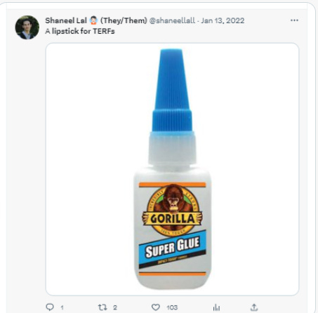 Screenshot of a Shaneel Lal twitter post saying A lipstick for Terfs with an image of a bottle of superglue