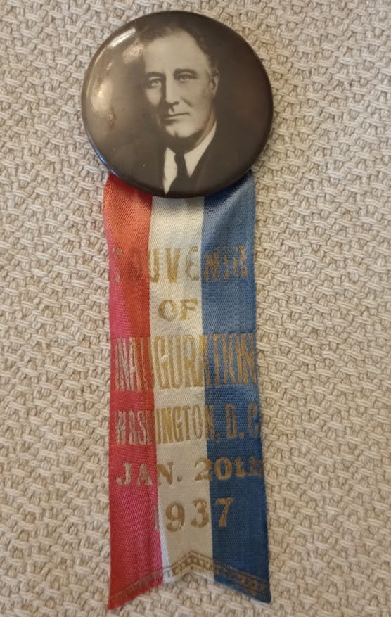 Button badge with headshot of Franklin Delano Roosevelt.Ribbon attached inducating it's from the 1937 inauguration, in red , white, and blue