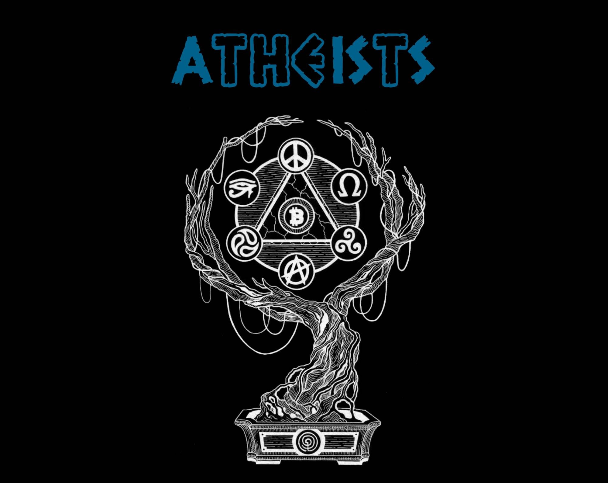 The cover of Atheists, with a black and white Bonsai with at its center a circle with arcane signs