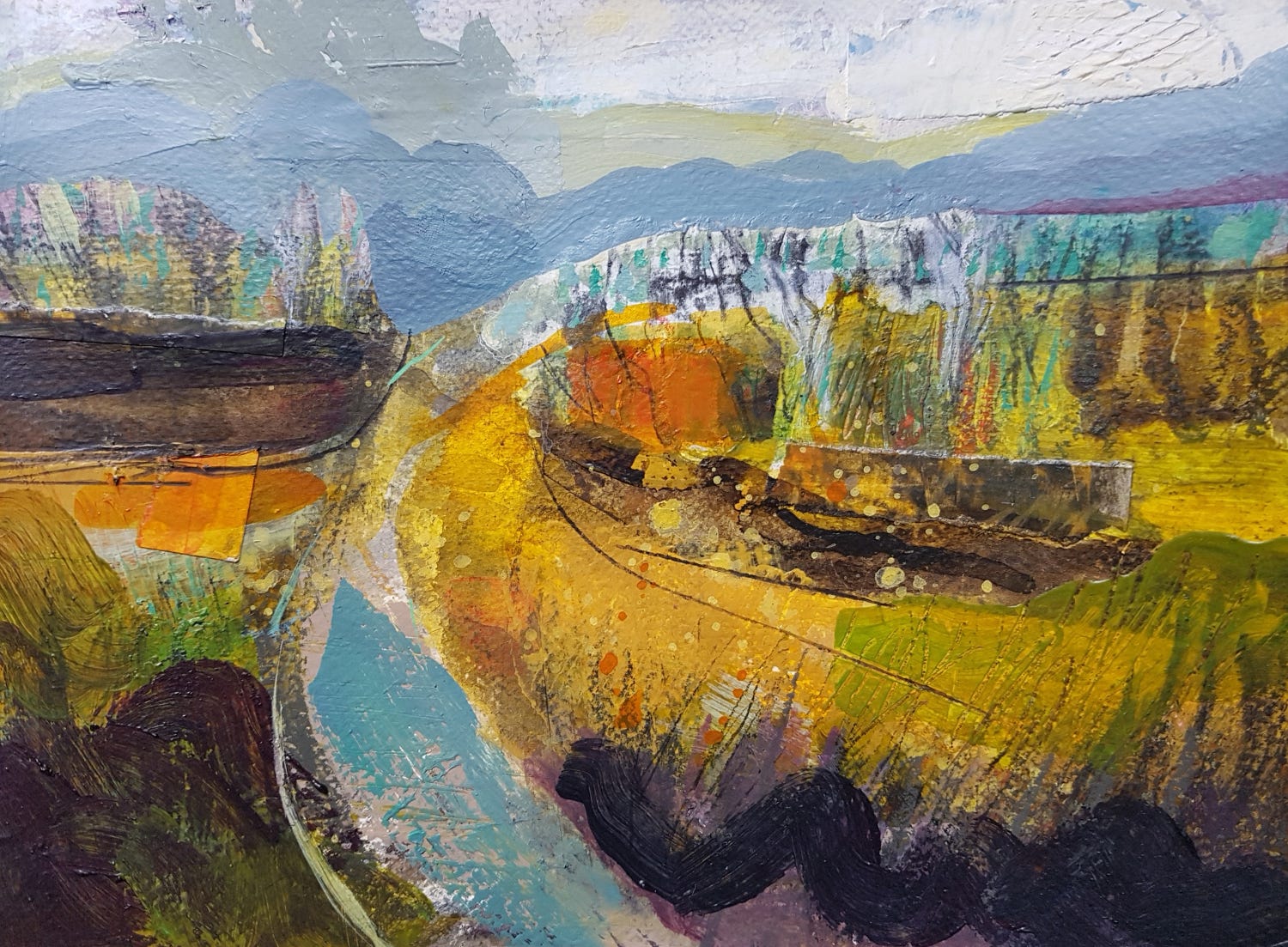 Mixed-media landscape painting by Julia Laing of an autumn scene. Grey and yellow colours predominate.