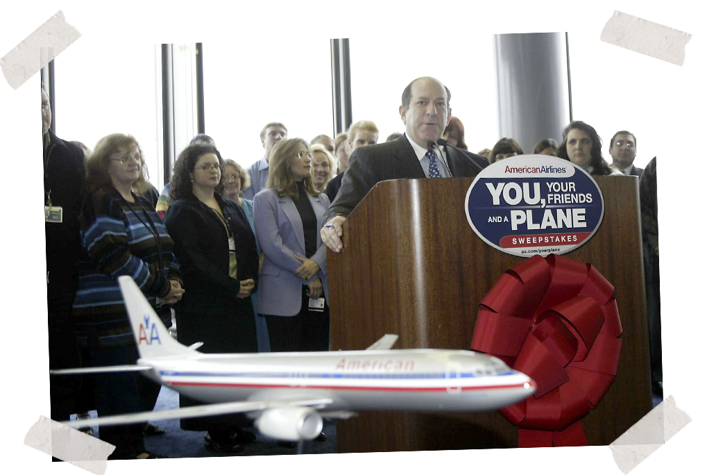 Dad speaking at an event, organized by American Airlines' public relations team, where he was asked to donate miles for kids with cancer, circa 2000.