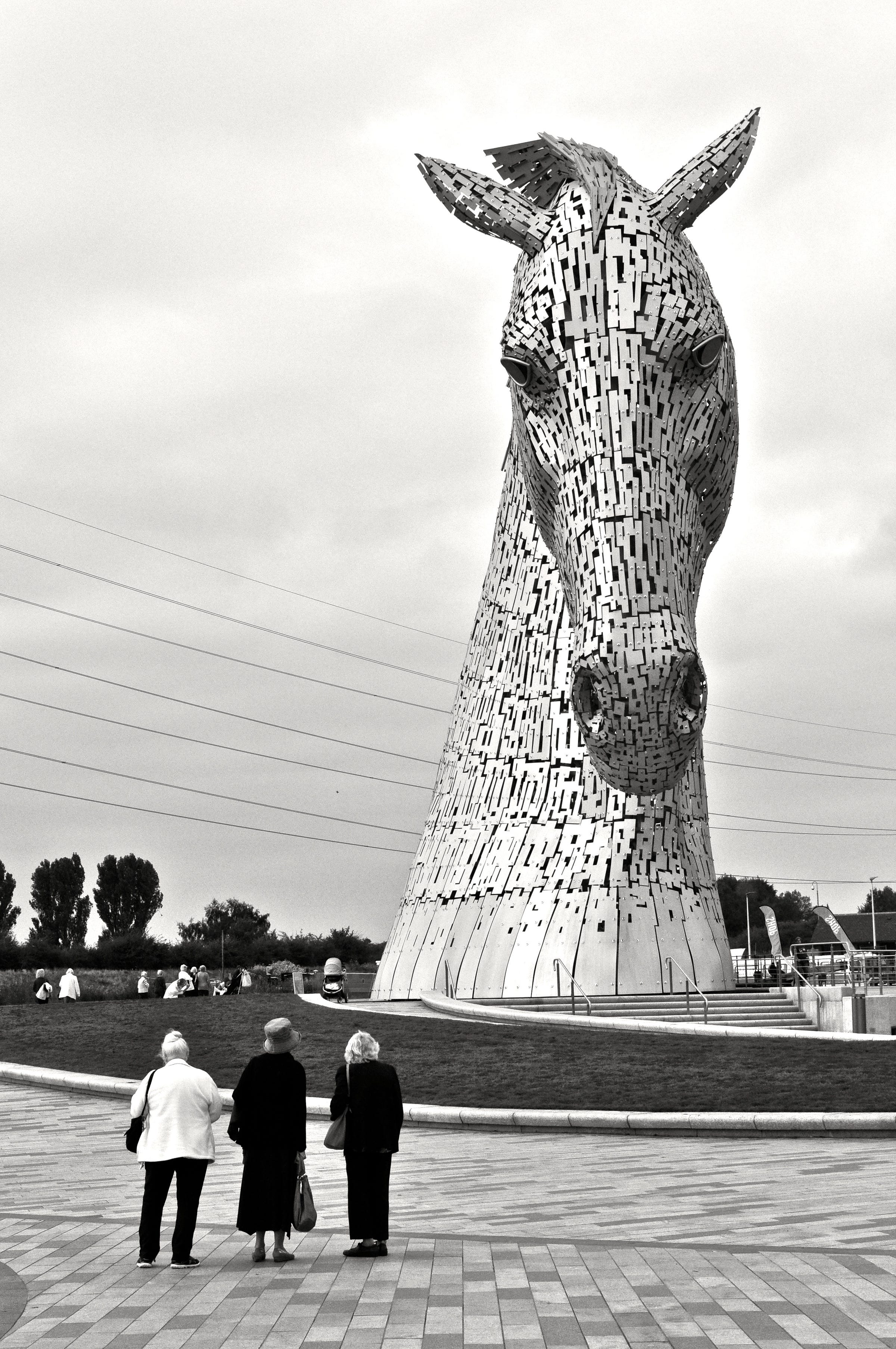 Image of a large horse head sculpture - made out of plates of metal. It is a grey cloudy day. The horse head takes over the picture and is looking down on three people who seem very small in the left hand foreground. This is a black and white image.