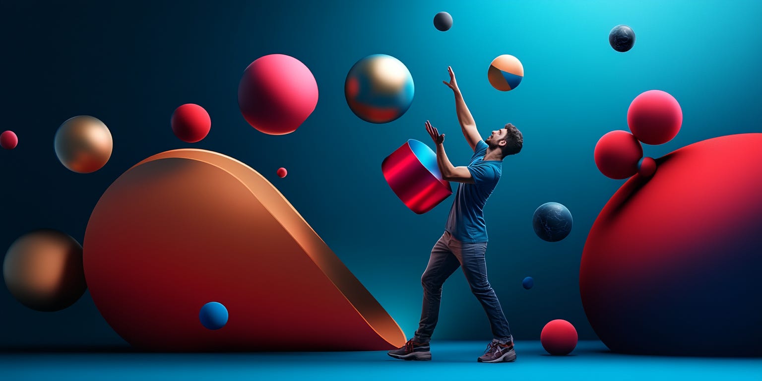 A surreal, minimalist illustration showing a single human figure trying to juggle colorful geometric shapes while one brilliantly glowing sphere rests perfectly balanced in their other hand - rendered in a clean, modern style with a soft gradient background.