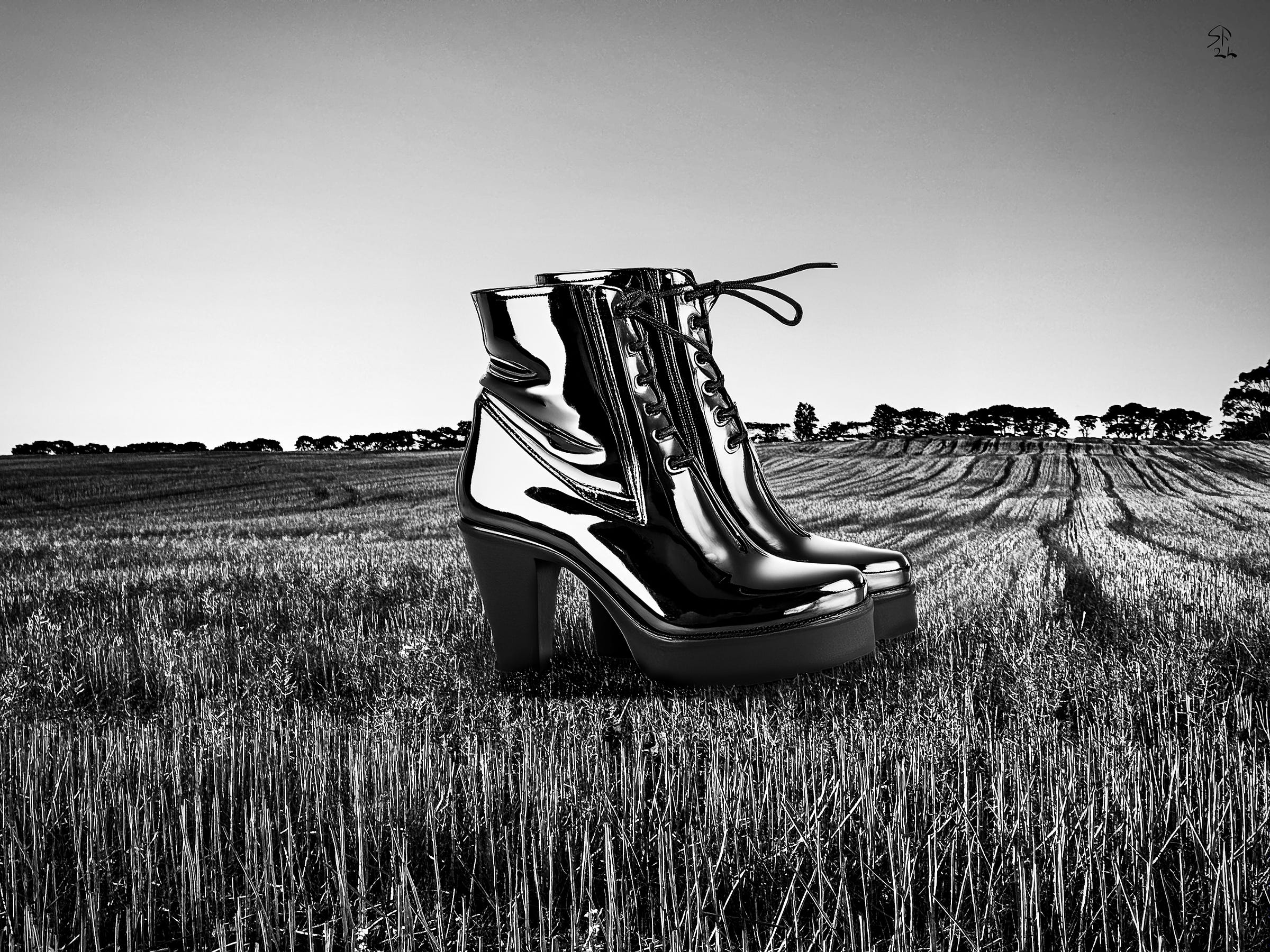 Surreal black-and-white photo: tall shiny leather boots with platform soles in a cornfield