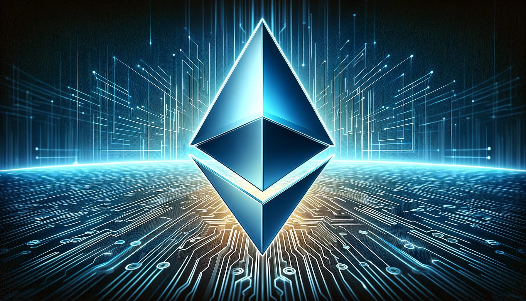 Create a landscape format artistic representation of the Ethereum cryptocurrency. The image should prominently feature the Ethereum logo, which is a stylized diamond shape made of two intersecting lines, creating an optical illusion of a cube. This logo should be centered and highlighted against a digital, abstract background that evokes a sense of advanced technology and innovation. The color palette should include Ethereum's signature shades of blue, along with black and grey, to convey a futuristic and sophisticated atmosphere. The overall design should capture the essence of Ethereum as a leading, decentralized blockchain technology.