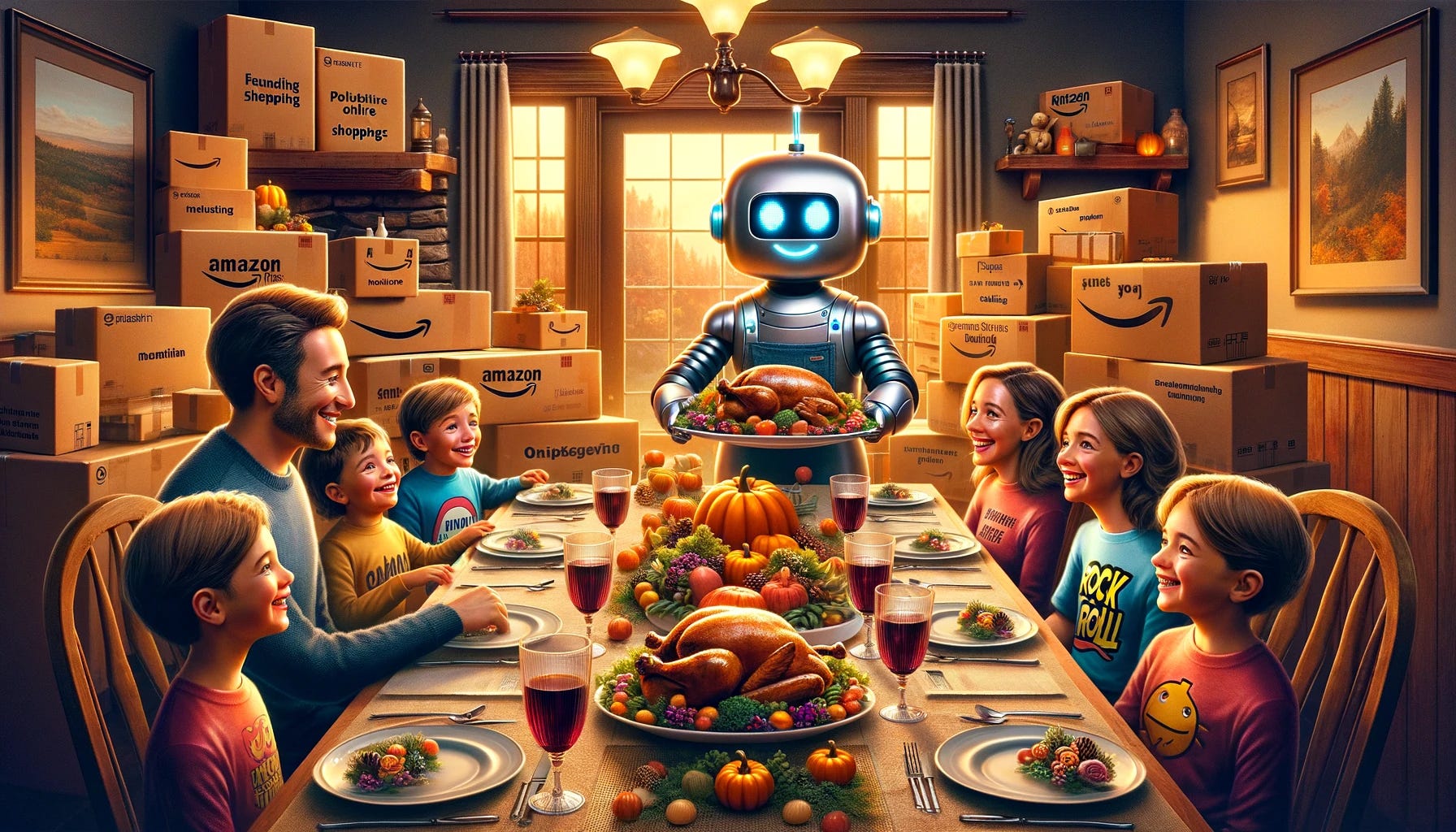 A merged Thanksgiving scene combining elements from the original and the latest images. The scene features the family gathered around the Thanksgiving table, with children in rock 'n' roll T-shirts, and a focus on the bountiful table setting. The friendly robots from the latest image, designed with smiling faces and a more approachable look, are assisting in serving the meal. The background includes the big stack of packages from the original scene, symbolizing online shopping, and the room is warmly lit with rich colors and detailed expressions, maintaining the sense of familial warmth and unity.