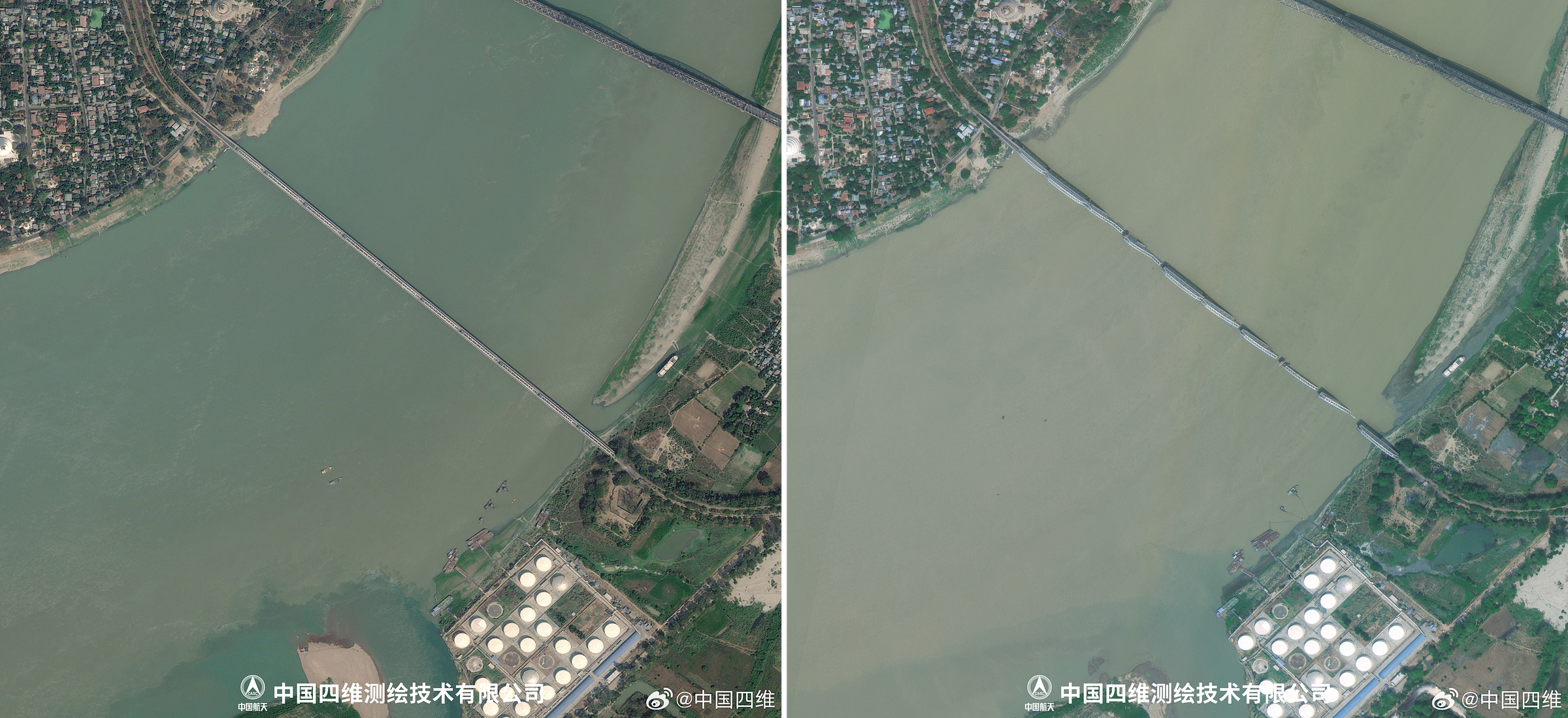 Before (left) and after (right) images of the Ava Bridge, which connects Inwa and Sagaing regions.