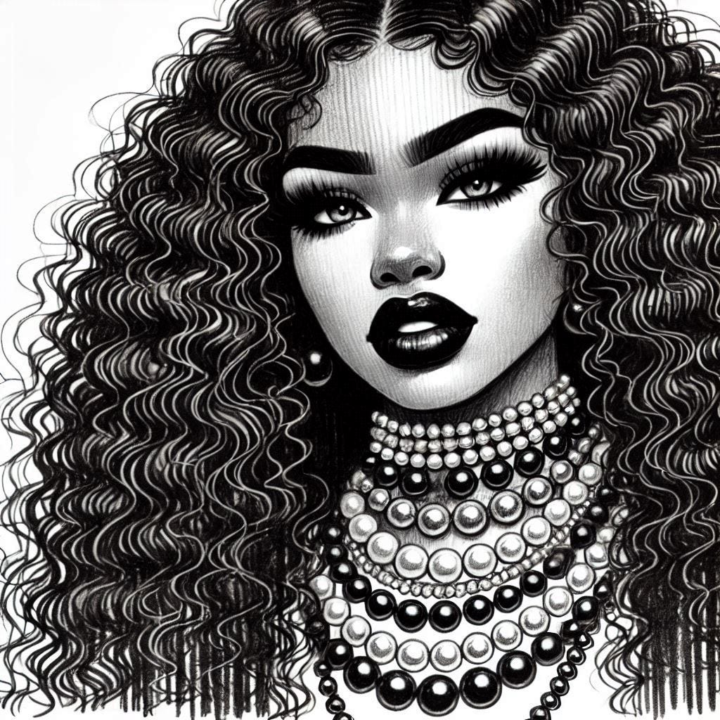 fine art sketch full head showing Afrocentric goddess with black luscious long water wavy hair, luscious black lipstick, luscious thick eyebrows, luscious eyelashes, and darkest blue eyes wearing massive quad pearls necklaces