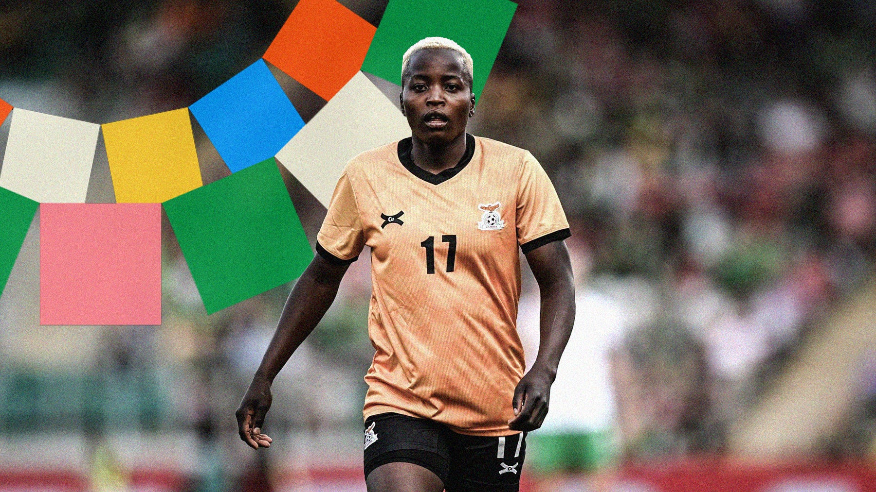 A photo of Racheal Kundananji looking at the camera while playing for Zambia with the colourful elements of the 2023 FIFA Women's World Cup logo behind her