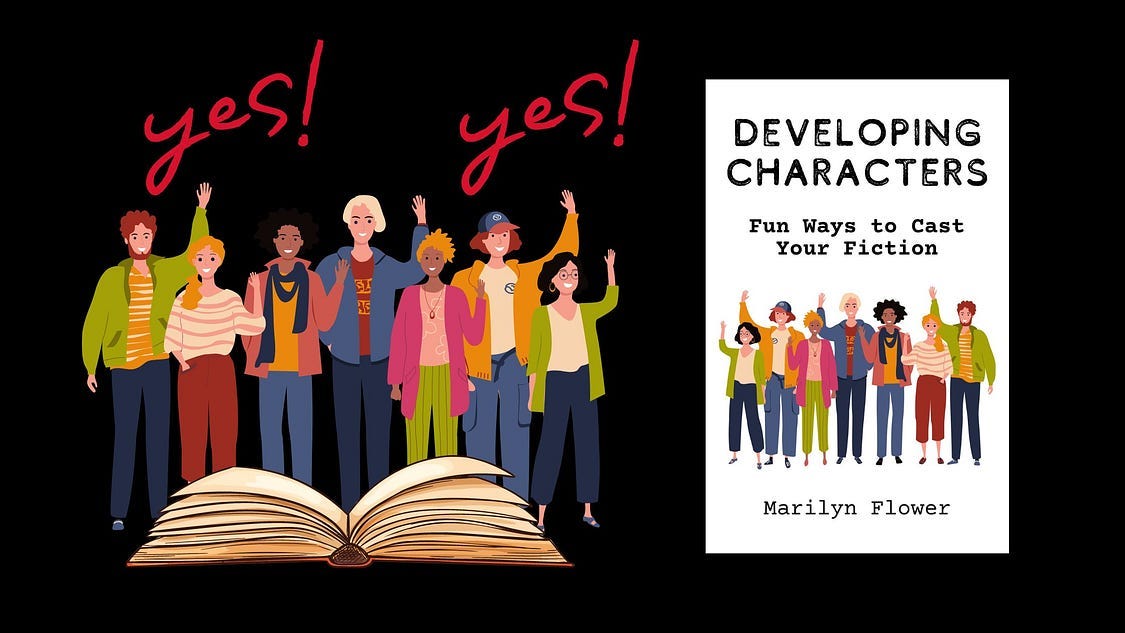 a group of characters emerge from an open book, next to the cover of my book, Developing Characters. Above them, it says, yes! yes!