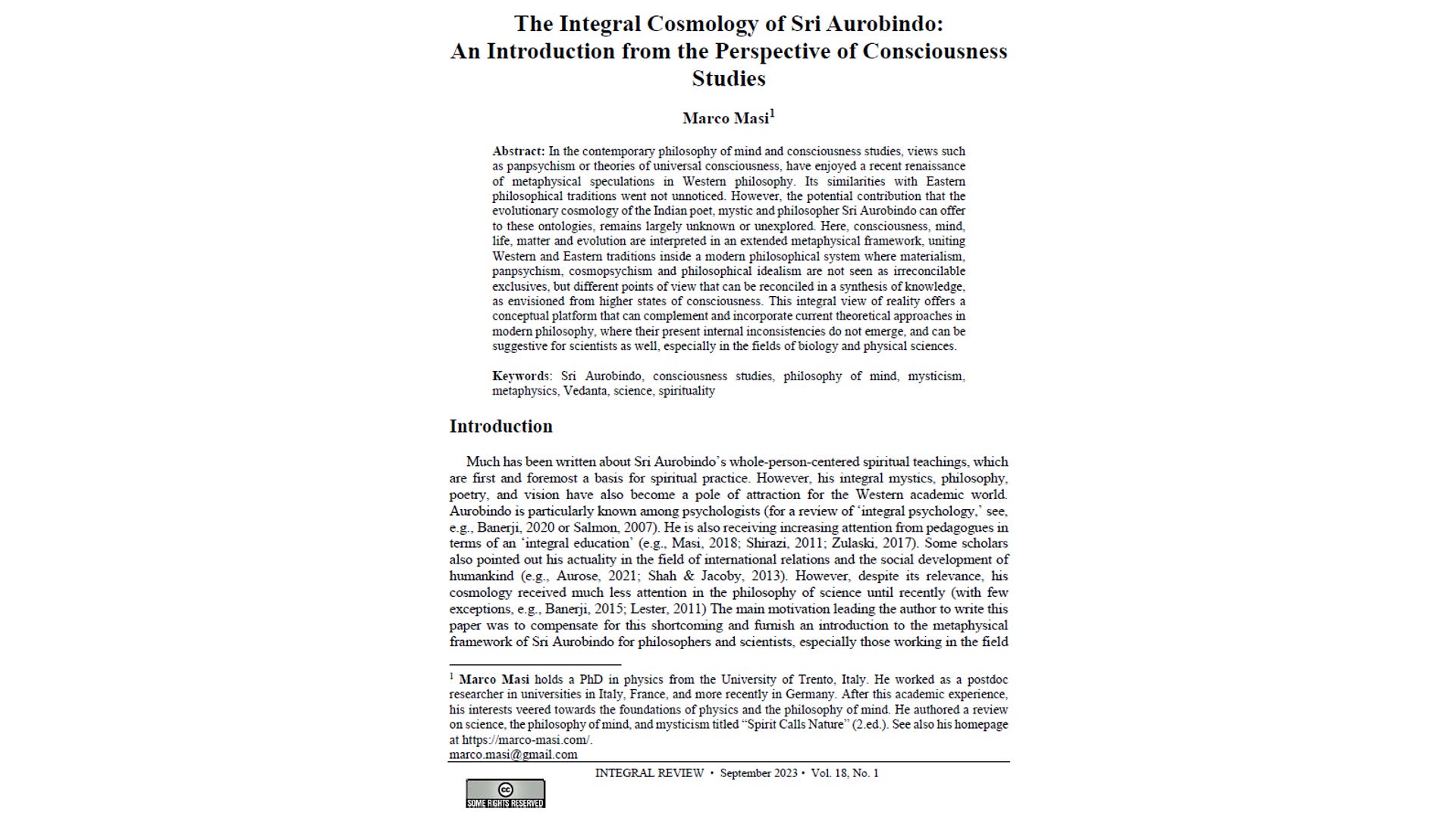 The Integral Cosmology of Sri Aurobindo: An Introduction from the Perspective of Consciousness Studies