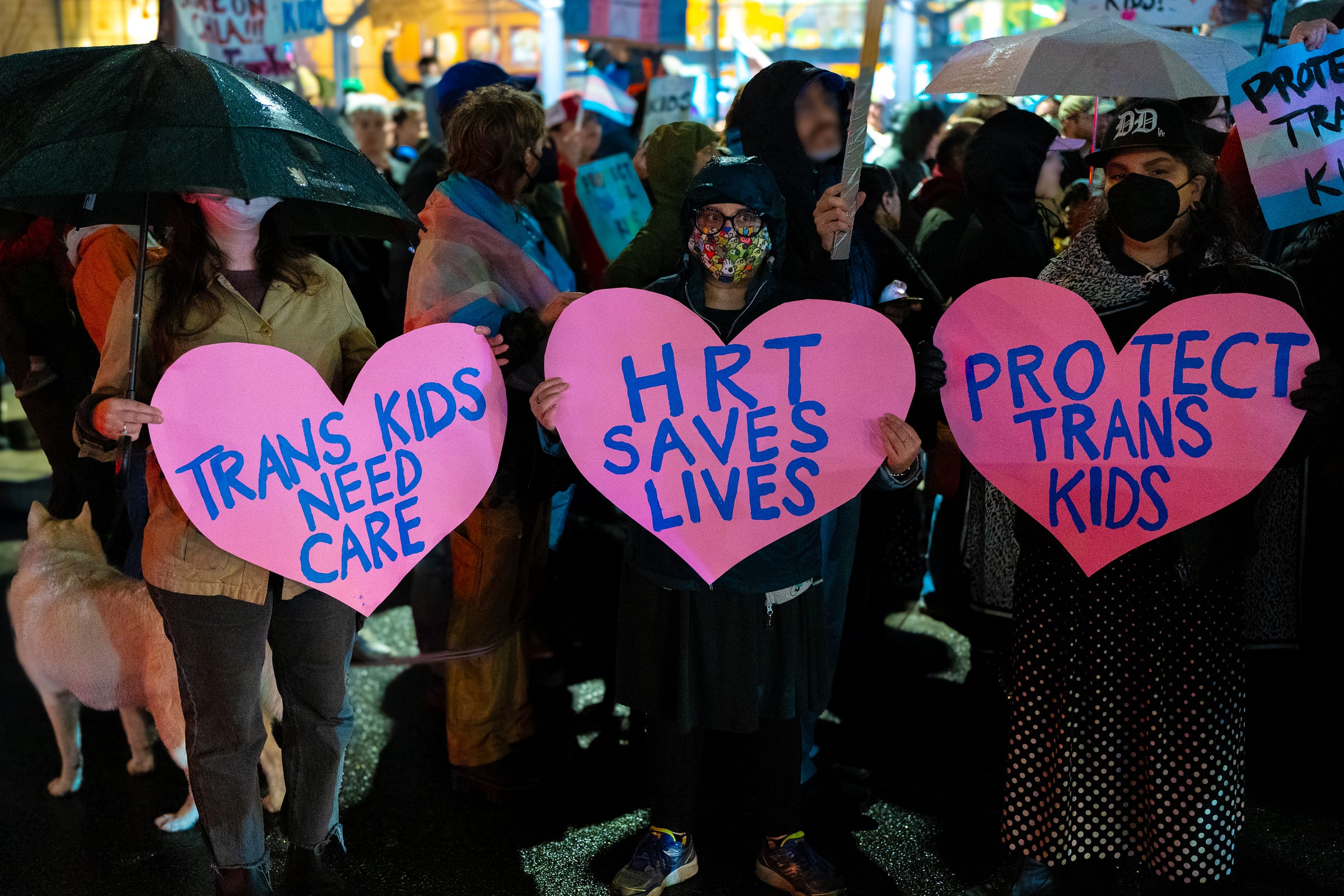 Three protestors holding pink heart-shaped signs. Bold blue text reads: "TRANS KIDS NEED CARE"; "HRTS SAVES LIVES"; "PROTECT TRANS KIDS"