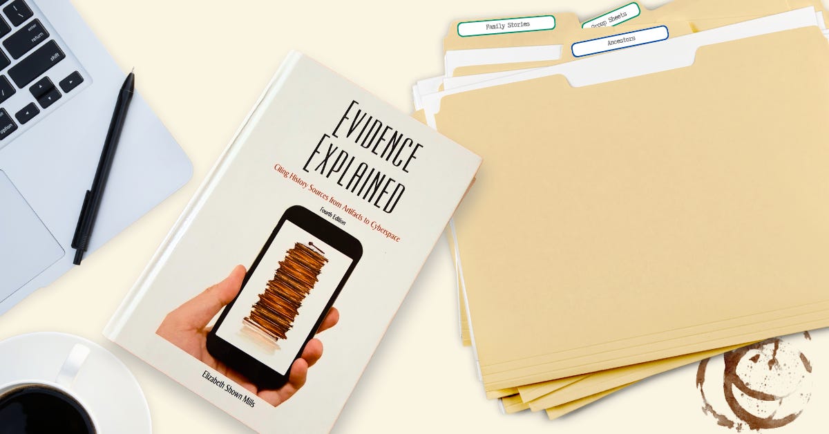 A genealogist's cluttered desk with a laptop and stack of files. Elizabeth Shown Mills' "Evidence Explained" sits on top.