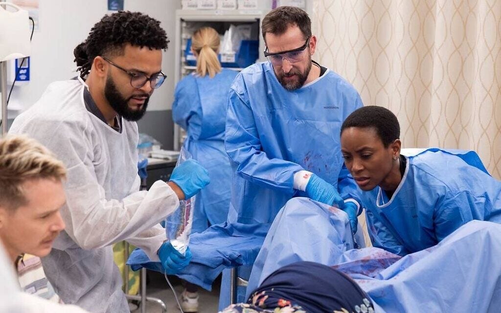 Mason McCulley, Brandon Mendez Homer, Noah Wyle and Tracy Ifeachor in “The Pitt” (Photo by John Johnson/Max)