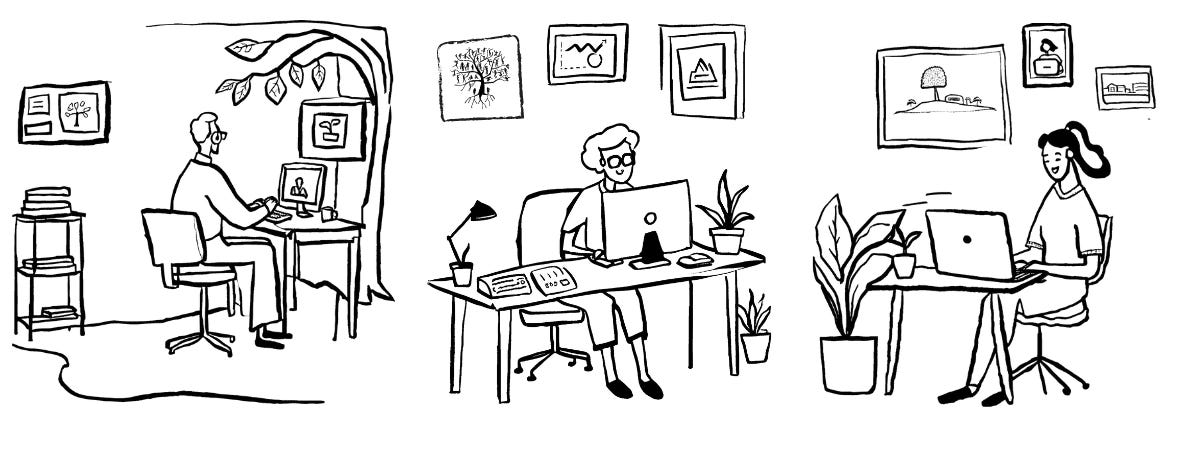 Cartoonish drawing with three panels showing three people at their computers, each alone but happy because they're participating in a Projectkin event. Image generated by AI using Canva.