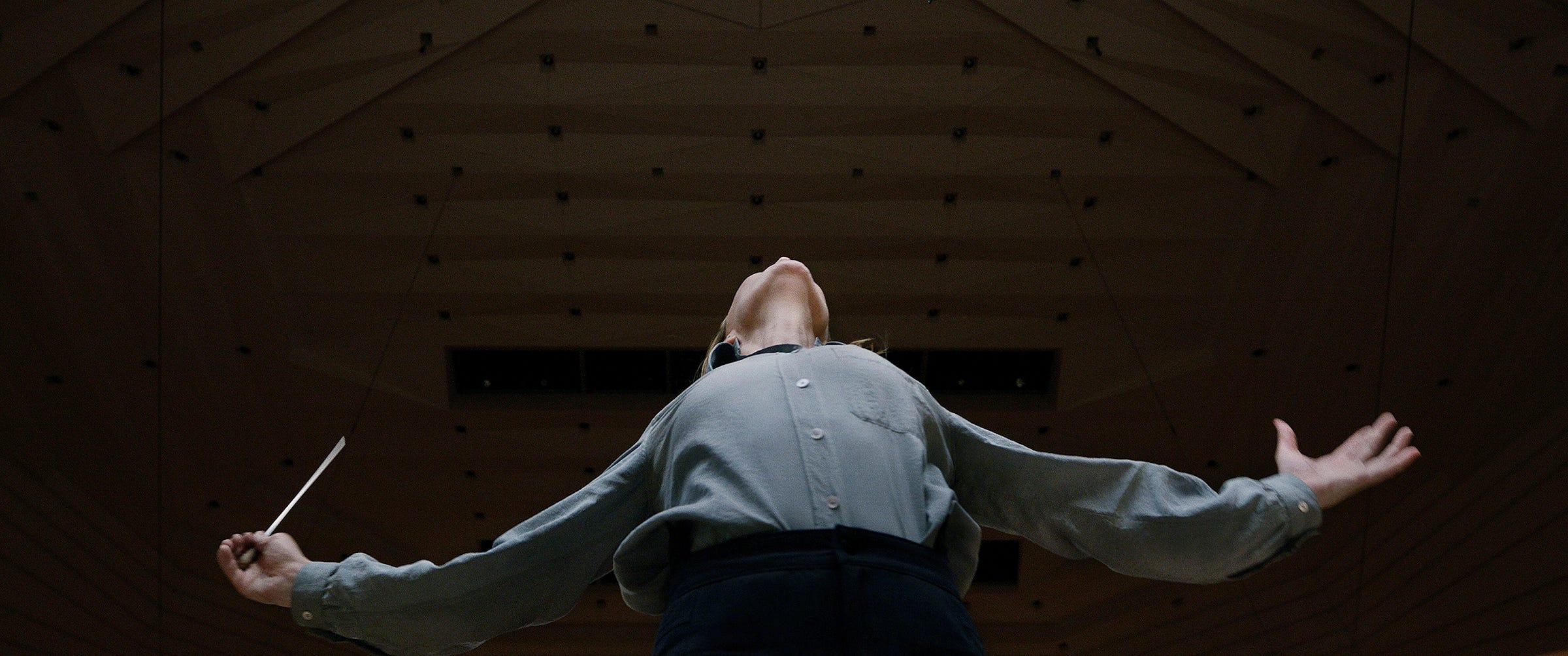 Cate Blanchett as Lydia Tár wields her conducting baton with gusto, leaning backwards as she conducts her orchestra. Her face is hidden by the lower angle of the photo.