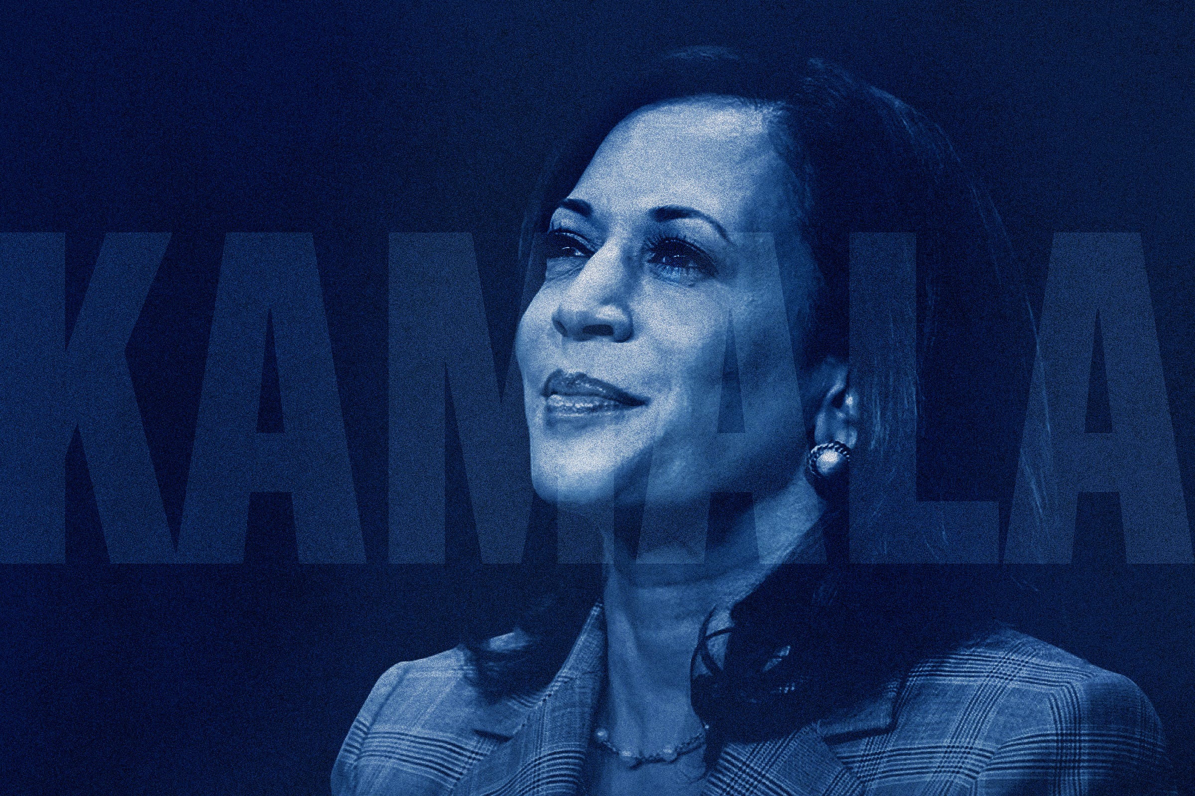 Photo illustration of Vice President Kamala Harris on a blue background with the word "Kamala" in bold type across the center of the image.