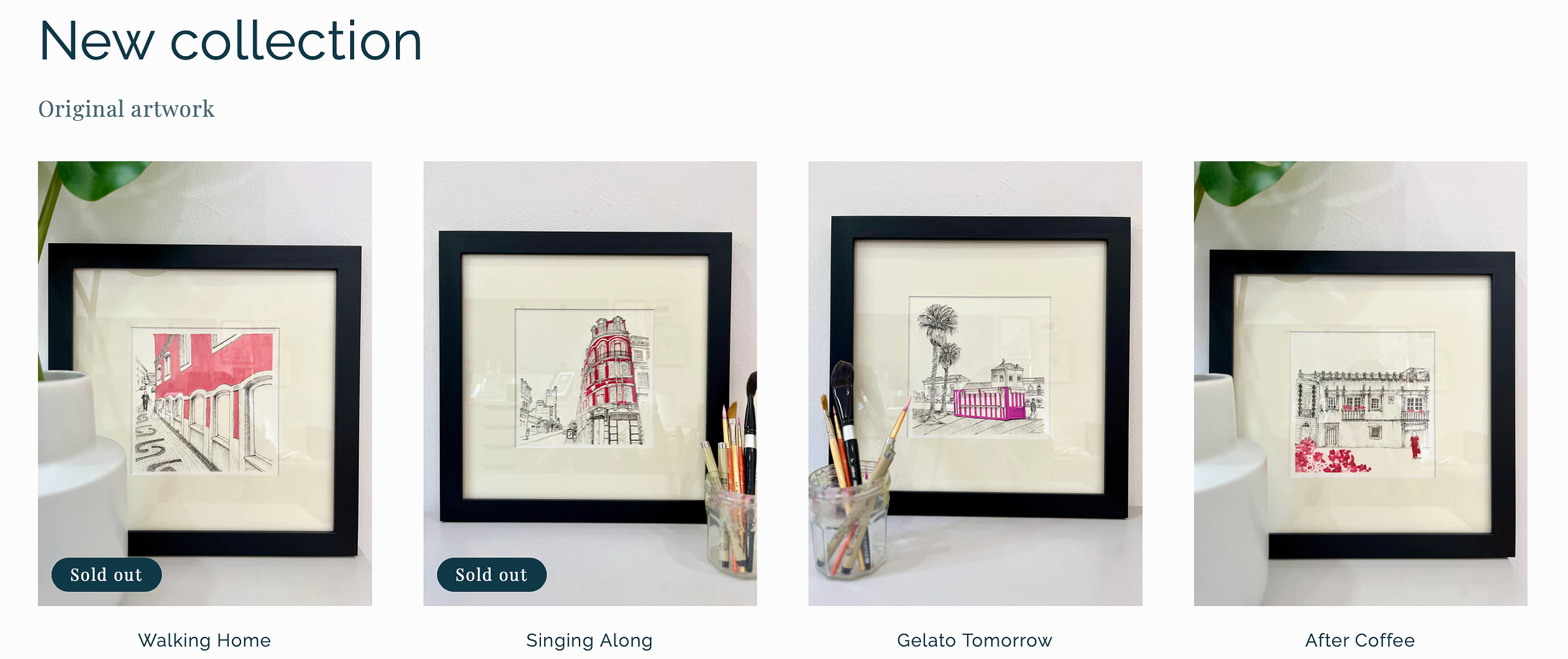 image: screenshot of four line art with acrylic gouache paint featuring urban landscapes of Portugal by artist Melinda Yeoh. The artwork are shown with black frame and cream colour mount
