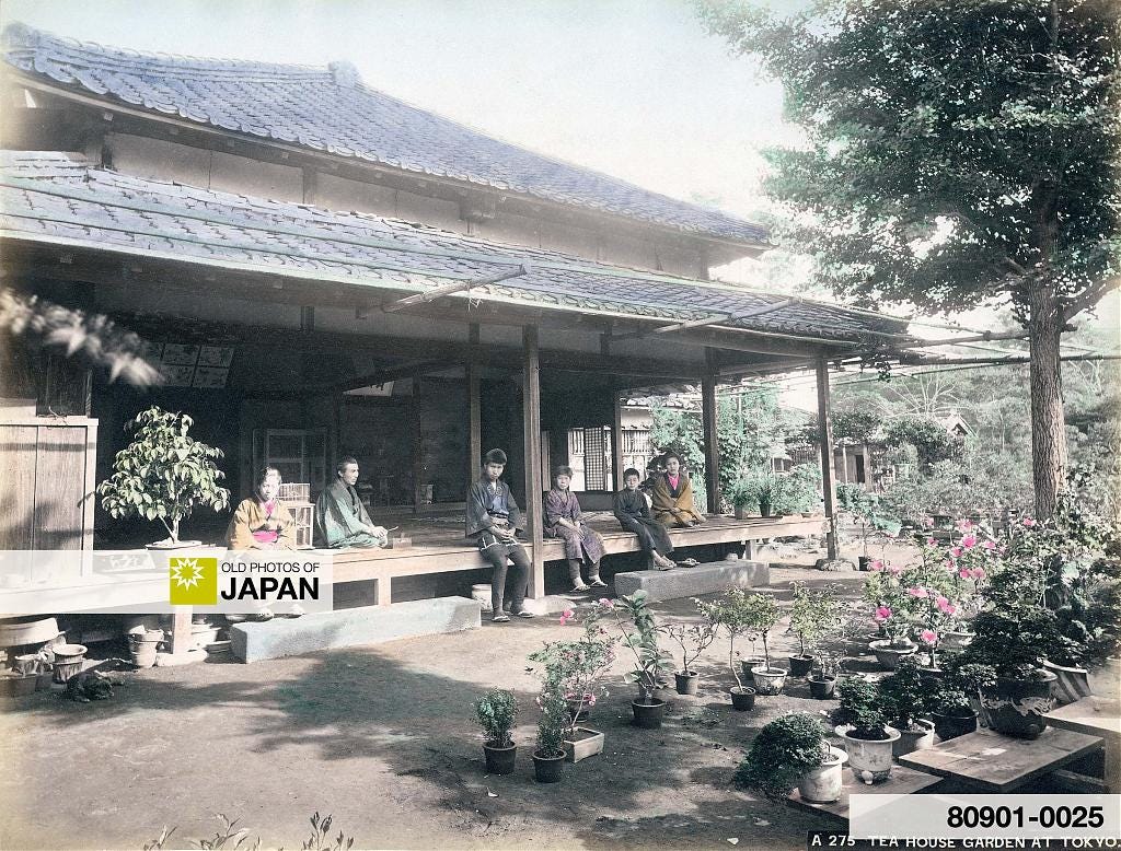 With all sliding doors removed a teahouse has become one with the garden, 1880s