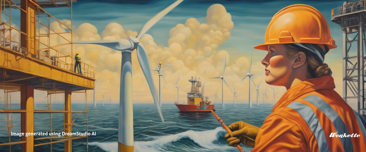 An AI-generated WPA-style mural showing construction of a wind farm in the ocean, a woman in a hardhat in the foreground  