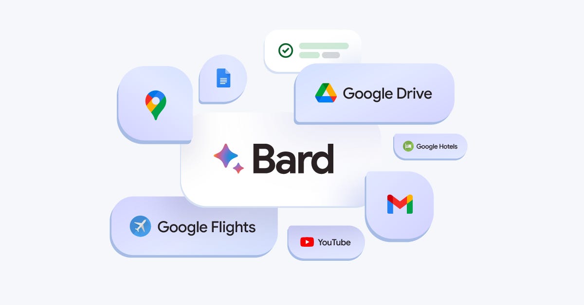 Google Bard logo surrounded by logos of its new extensions, including flights, YouTube and Gmail